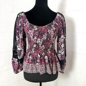 Angie Floral Peplum Top Y2K Smocked Crochet Balloon Sleeves Whimsigoth Gypsy S‎